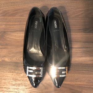 Fendi patent leather pointed silver F flats 41/10